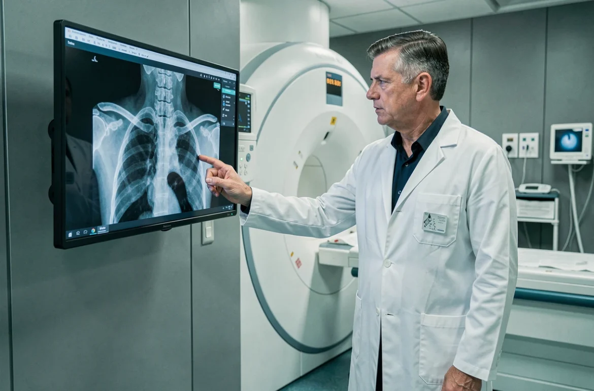 Radiologue analysant une IRM de la région trapèze et colonne cervicale sur écran médical