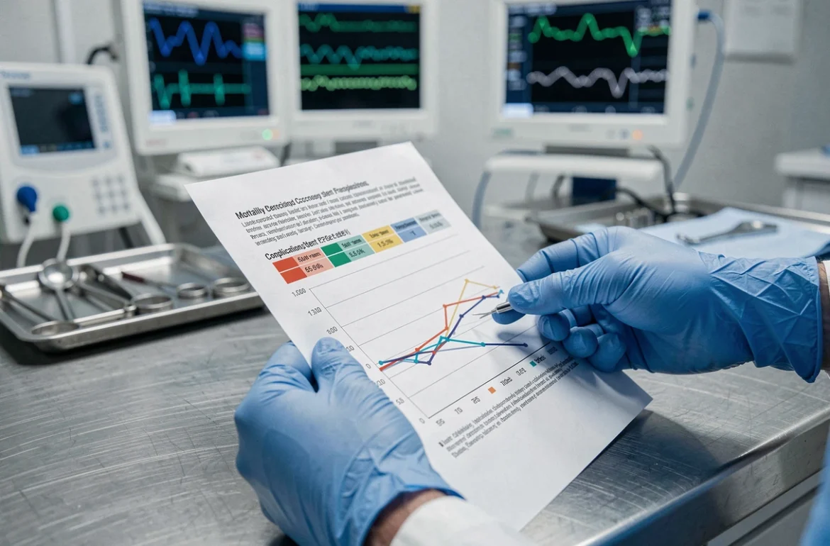 Mains gantées d'un chirurgien analysant un rapport statistique sur la mortalité après pose de stent coronaire