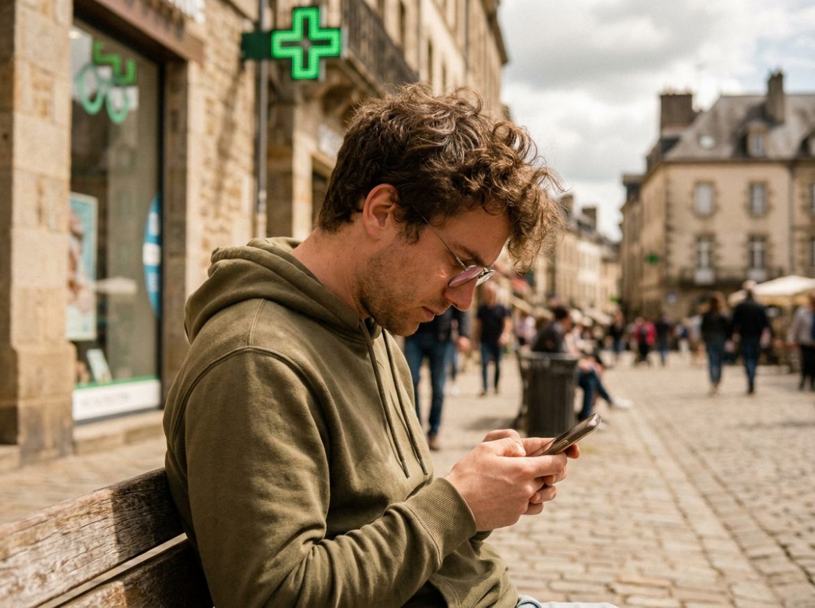 Jeune homme recherchant un opticien sur son smartphone dans une rue de Saint-Étienne