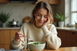 Jeune femme mangeant une soupe de légumes maison après une extraction dentaire, assise à une table en bois dans une cuisine chaleureuse