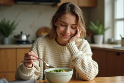 Jeune femme mangeant une soupe de légumes maison après une extraction dentaire, assise à une table en bois dans une cuisine chaleureuse