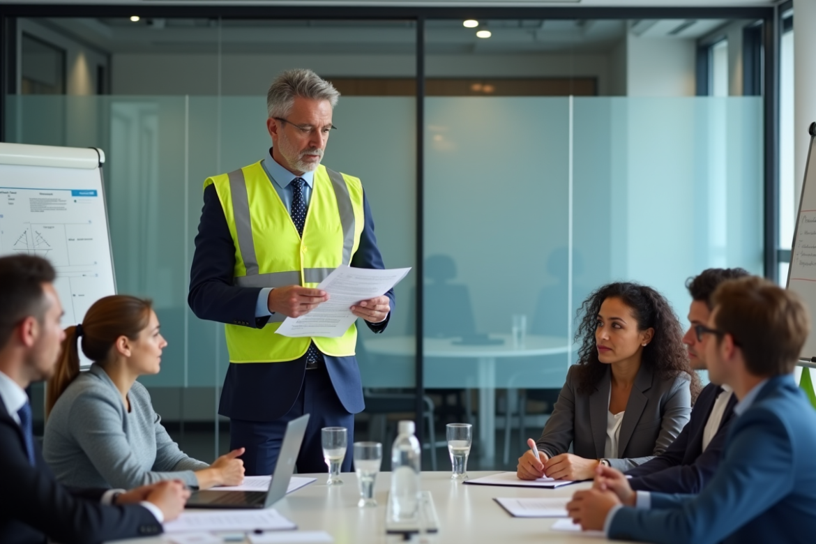 Manager securite en réunion avec equipe en bureau moderne