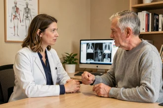 Rhumatologue femme en consultation avec un patient souffrant de rhumatismes inflammatoires dans un cabinet médical moderne à Nîmes