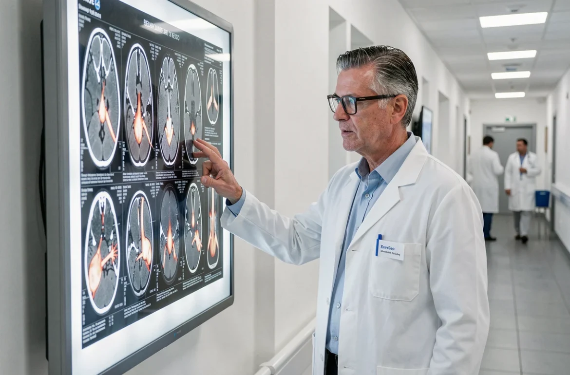 Rhumatologue spécialiste analysant des IRM articulaires dans un couloir d'hôpital moderne à Nîmes pour le diagnostic des rhumatismes