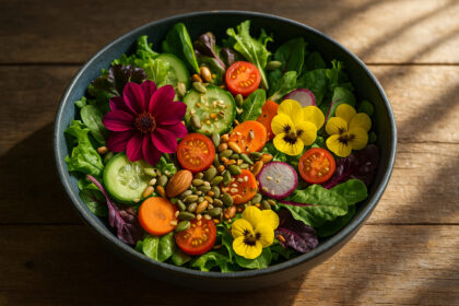 Bol de salade fraîche avec légumes et fleurs comestibles