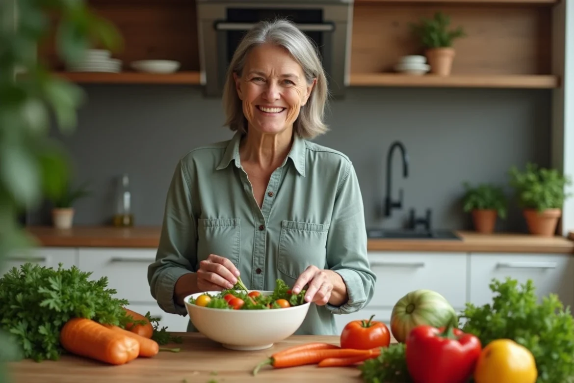 Femme d'âge moyen préparant une salade colorée dans une cuisine moderne