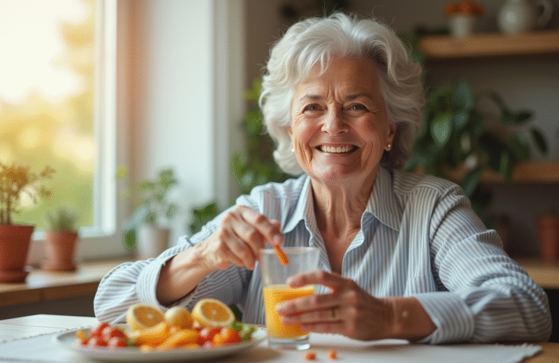 Seniore souriante prenant un verre d'eau et vitamine C au matin