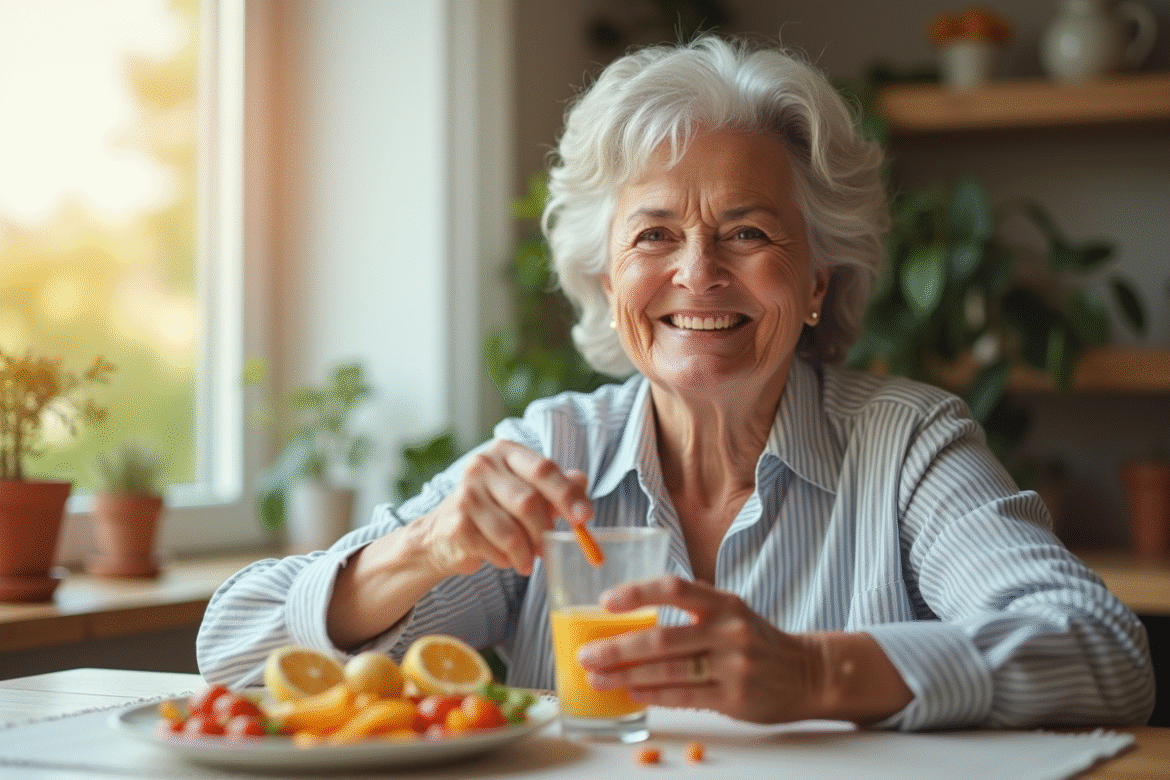 Seniore souriante prenant un verre d'eau et vitamine C au matin