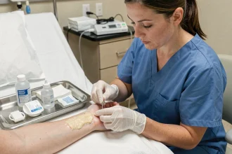 Infirmière en gants stériles effectuant un soin de plaie chirurgicale recouverte de fibrine sur l'avant-bras d'un patient à l'hôpital