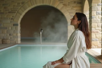 Femme en peignoir blanc se relaxant au bord d'un bassin thermal dans un spa du Cher