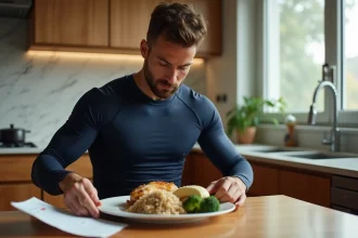 Sportif analysant un tableau d'index glycémique devant un repas équilibré riche en glucides complexes pour optimiser ses performances