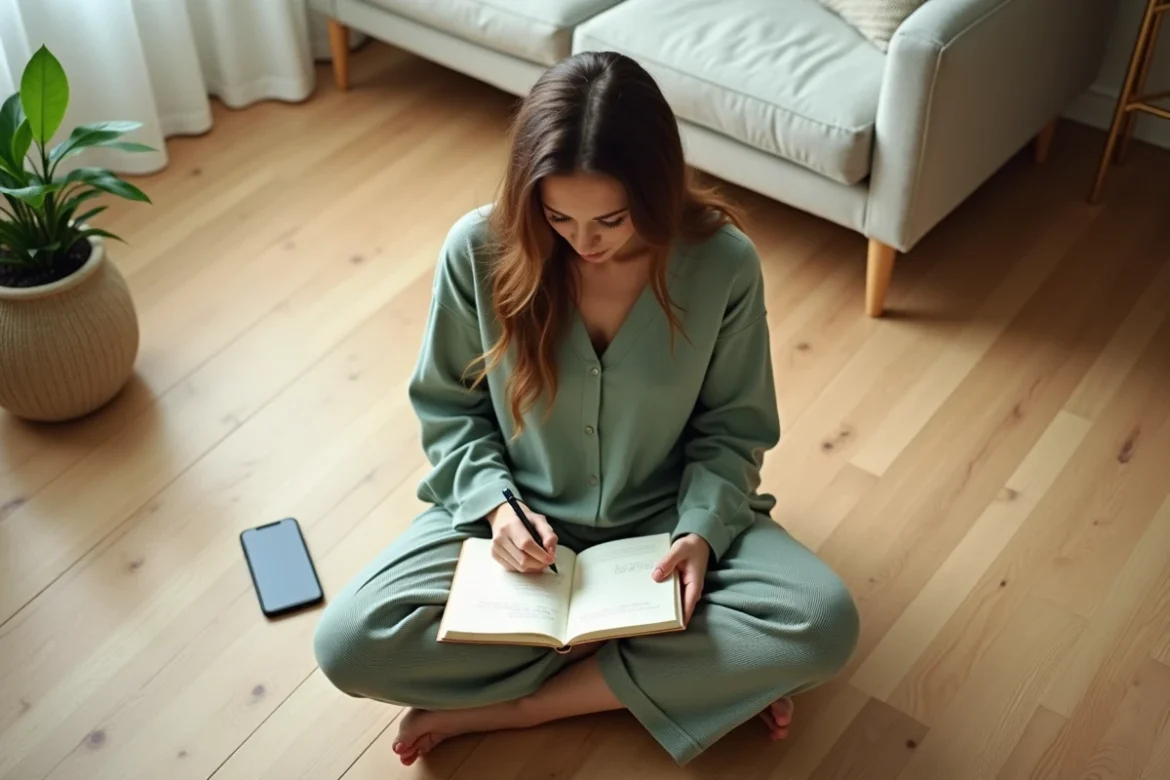 Femme suivant son cycle menstruel dans un journal et une application mobile, assise sur le sol