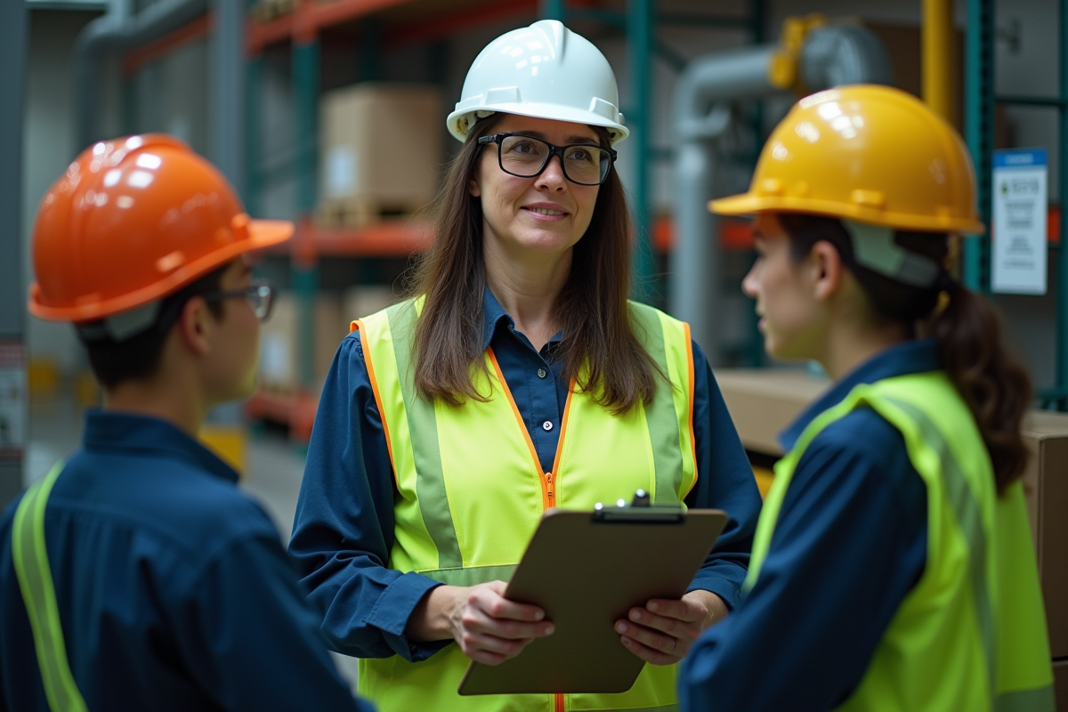 Superviseure en usine discutant avec ouvriers et machines