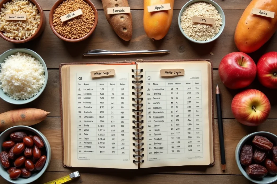 Tableau visuel d'aliments classés par index glycémique sur une table en bois, guide nutritionnel pour sportifs