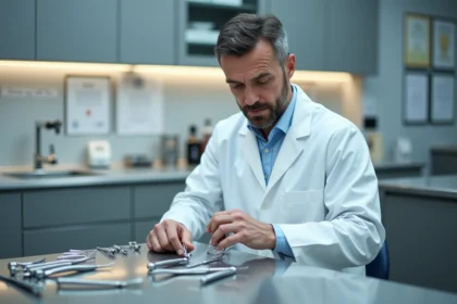 Technicien dentaire en blouse blanche dans un laboratoire moderne