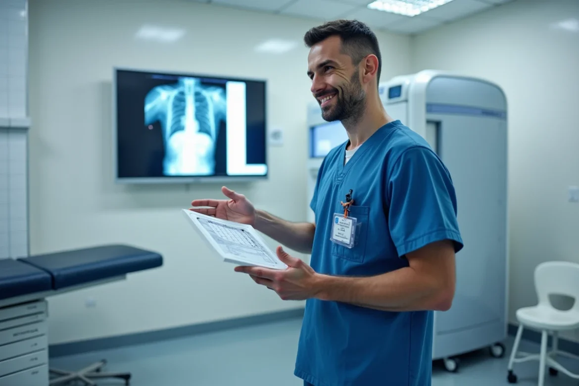Technicien radiologue debout à côté d'un appareil de radiographie numérique dans une salle d'examen hospitalière