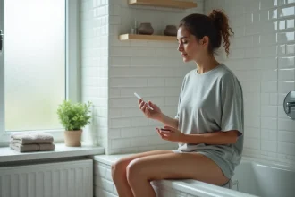 Femme tenant un test de grossesse négatif dans une salle de bain, expression perplexe et pensive