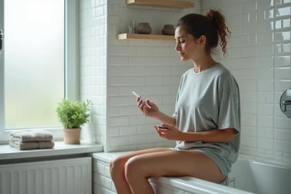Femme tenant un test de grossesse négatif dans une salle de bain, expression perplexe et pensive