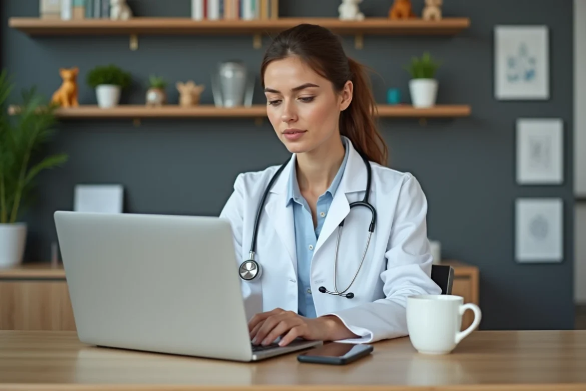 Vétérinaire femme au bureau moderne avec ordinateur et stethoscope