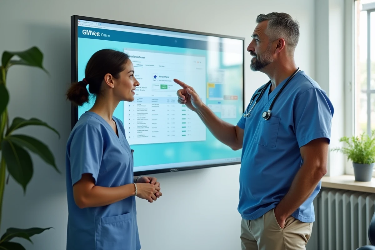 Vétérinaire homme expliquant la plateforme GmVet 2 à une collègue